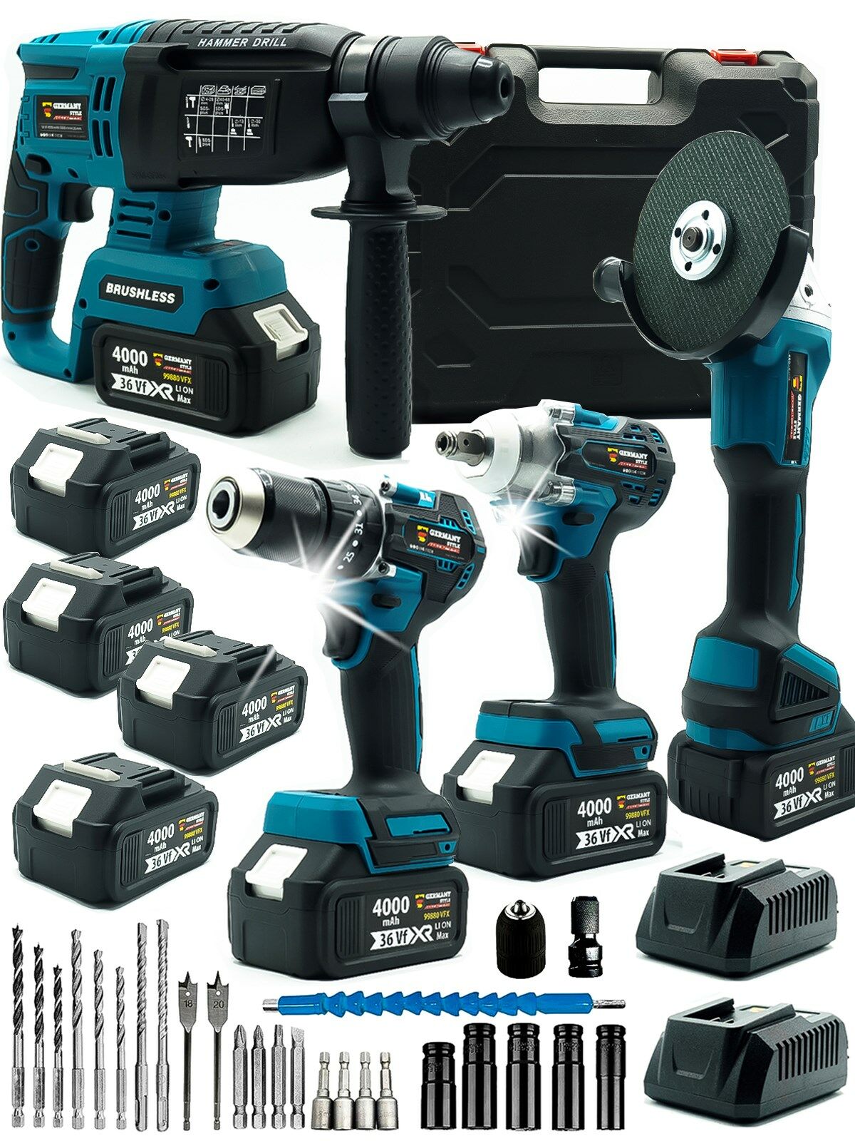 Germany Style 4 Akülü Kömürsüz Motor Matkap-Hilti-Taşlama-Bijon Sökme 4'Lü Set Uç Takımlı Usta Seti
