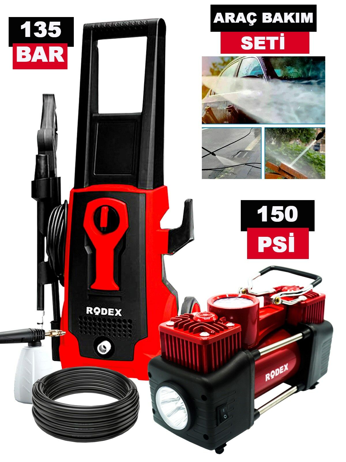 Germany Style RDX 135 Bar Yüksek Basınçlı Araç Yıkama + 150 Psi Çift Pistonlu Kompresör Lastik