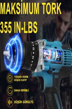 58vf 5ah Li Sjs Çift Metal Şanzuman Metal Mandren Çift Akülü Şarjlı Matkap 24 Parça Set Hediyeli