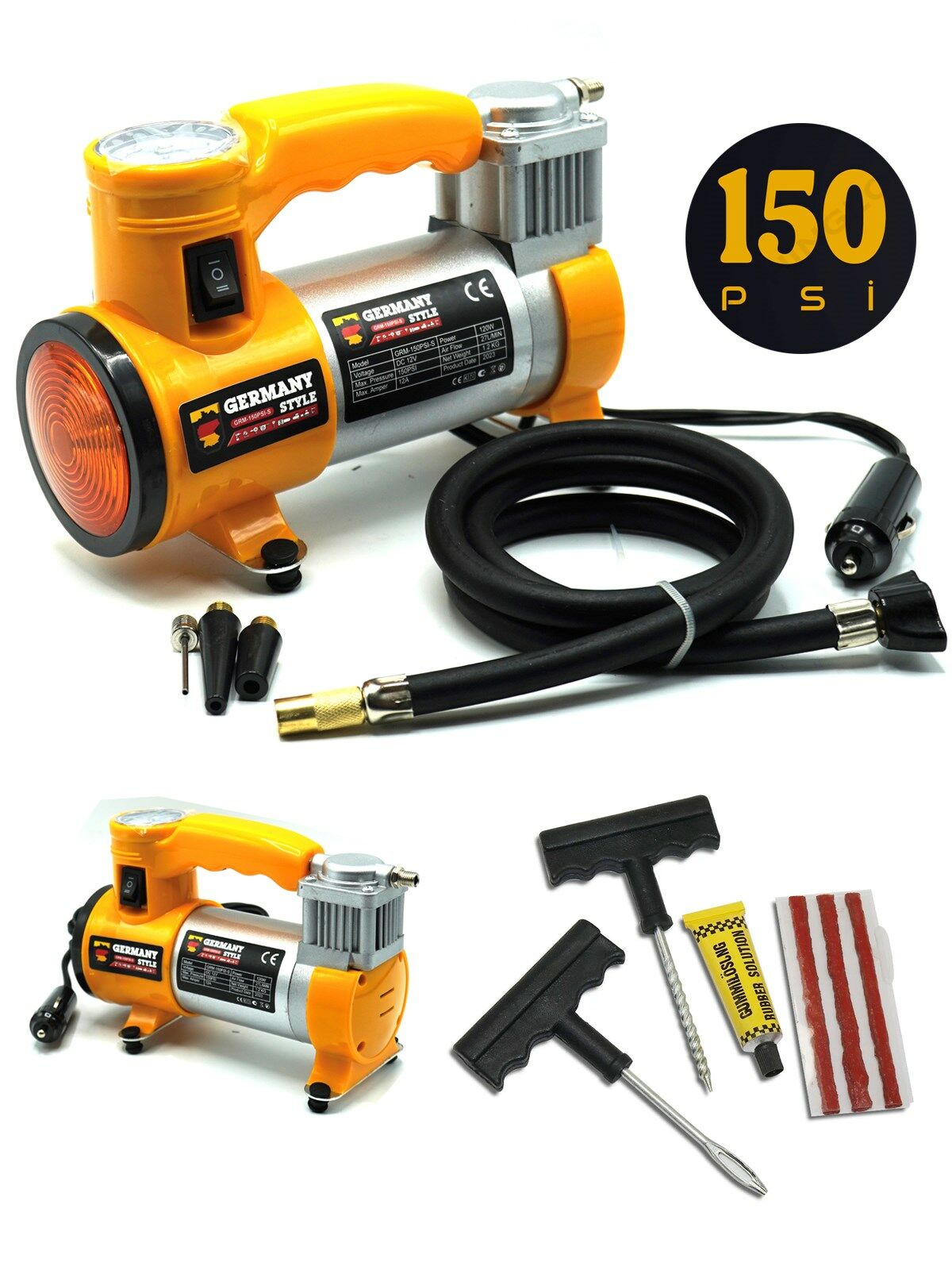 Germany Style 12 V Araba Oto Araç Lastik Şişirme Pompası 150 Psi Metal Gövde Kompresör Lastik Tamir Kiti Set