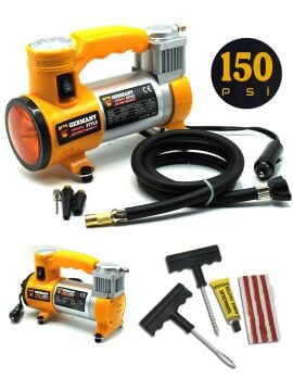 Germany Style 12 V Araba Oto Araç Lastik Şişirme Pompası 150 Psi Metal Gövde Kompresör Lastik Tamir Kiti Set