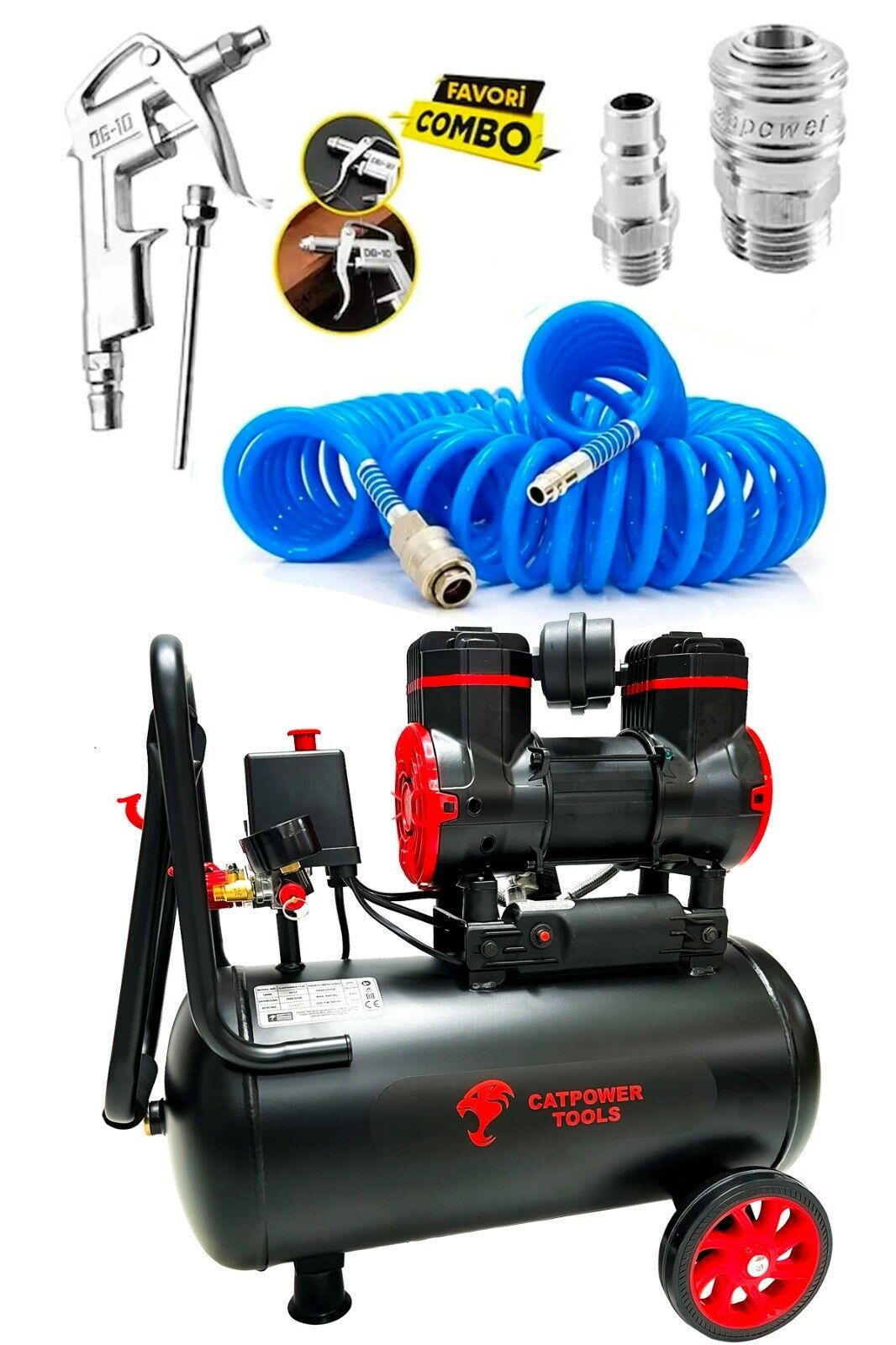 Catpower 24 Litre Sessiz Hava Kompresörü 1.5 Hp Bakır Sargı Motor 8 Bar 15 Metre Spiral