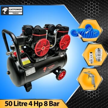 Catpower 50 Litre Sessiz Hava Kompresörü 4 Hp Bakır Sargı Motor 8 Bar 15 Metre Spiral Hava Hortumu