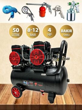 Catpower 50 Litre 4 Pistonlu Sessiz Hava Kompresörü 4 Hp 4 Piston Bakır Sargı Motor 8 Bar 5 Parça