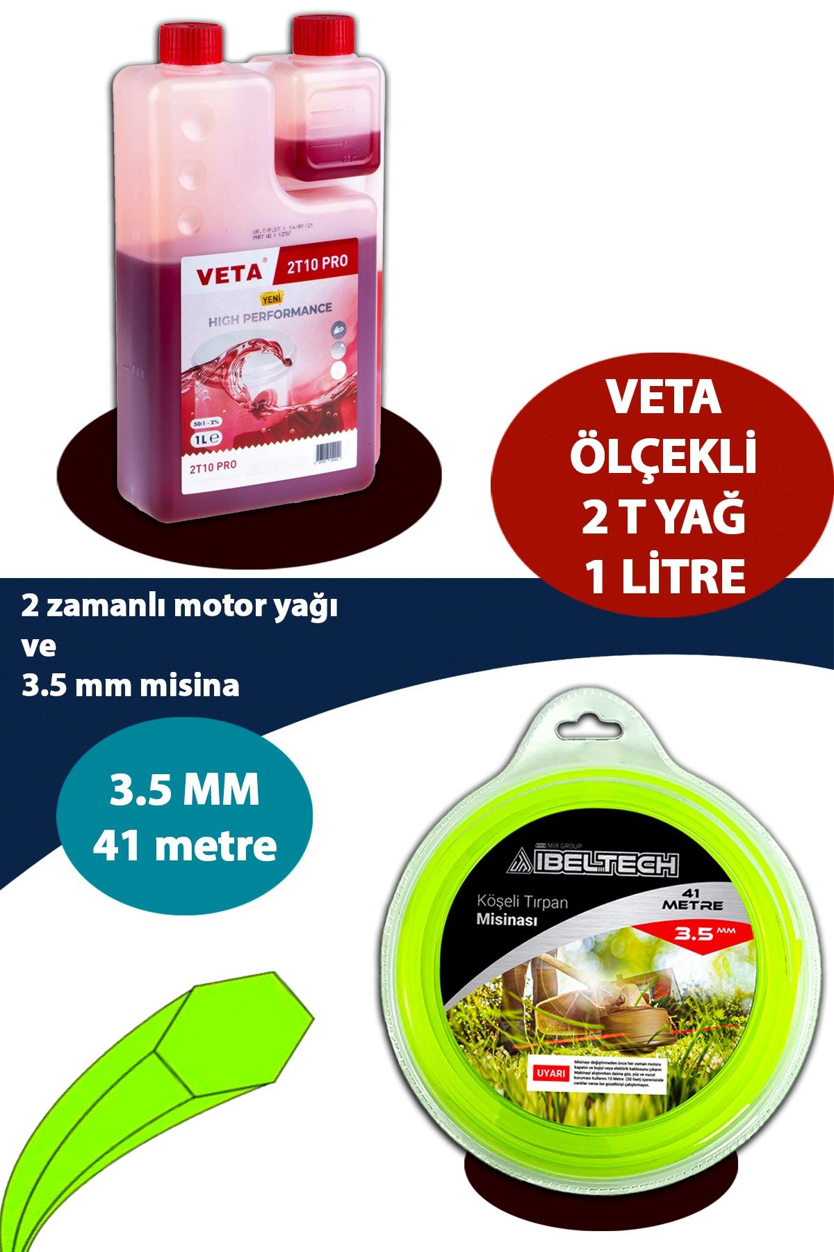 Germany Style VETA 2T 1 Litre Ölçekli Yağ ve 6 Köşe 3.5 mm 41 Metre Tırpan Misinası Sağlam Dayanıklı Misina İbeltech
