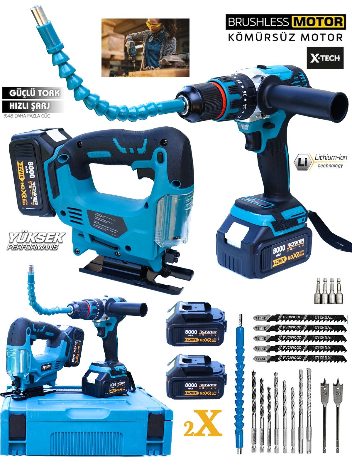 Rowermax GP-130 Dekupaj Çelik Mandren Matkap-Vidalama  Çift Akülü  İkili Set Taşıma Çantalı Set