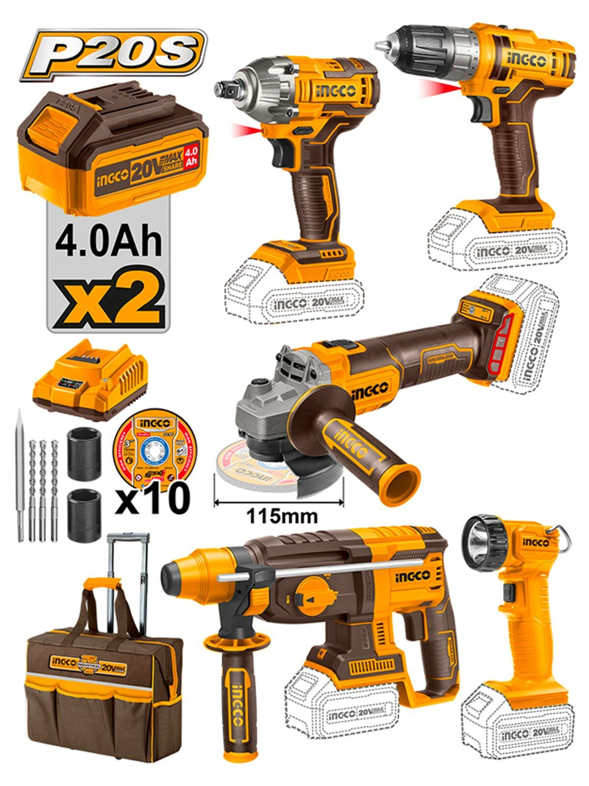 İngco Somun Sıkma-Akülü Vidalama-Kırıcı Delici-Taşlama-Çalışma Lambası 5 li Set