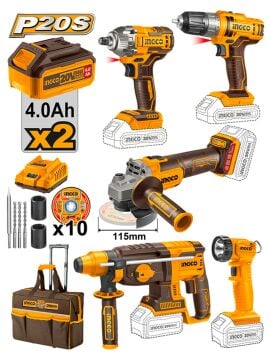 İngco Somun Sıkma-Akülü Vidalama-Kırıcı Delici-Taşlama-Çalışma Lambası 5 li Set