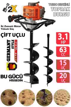 GERMANYSTYLE GRMPRO630 3.1 HP 63 cc Turbo Benzinli Toprak Burgu Makinesi Çift Uçlu 20 cm +15 cm