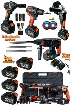 Germany Style GRM99880VFX 4'lü Set 2-26 Şarjlı Kırıcı -Şarjlı Taşlama-13mm Şarjlı Darbeli Matkap-Şarjlı Somun Sıkma