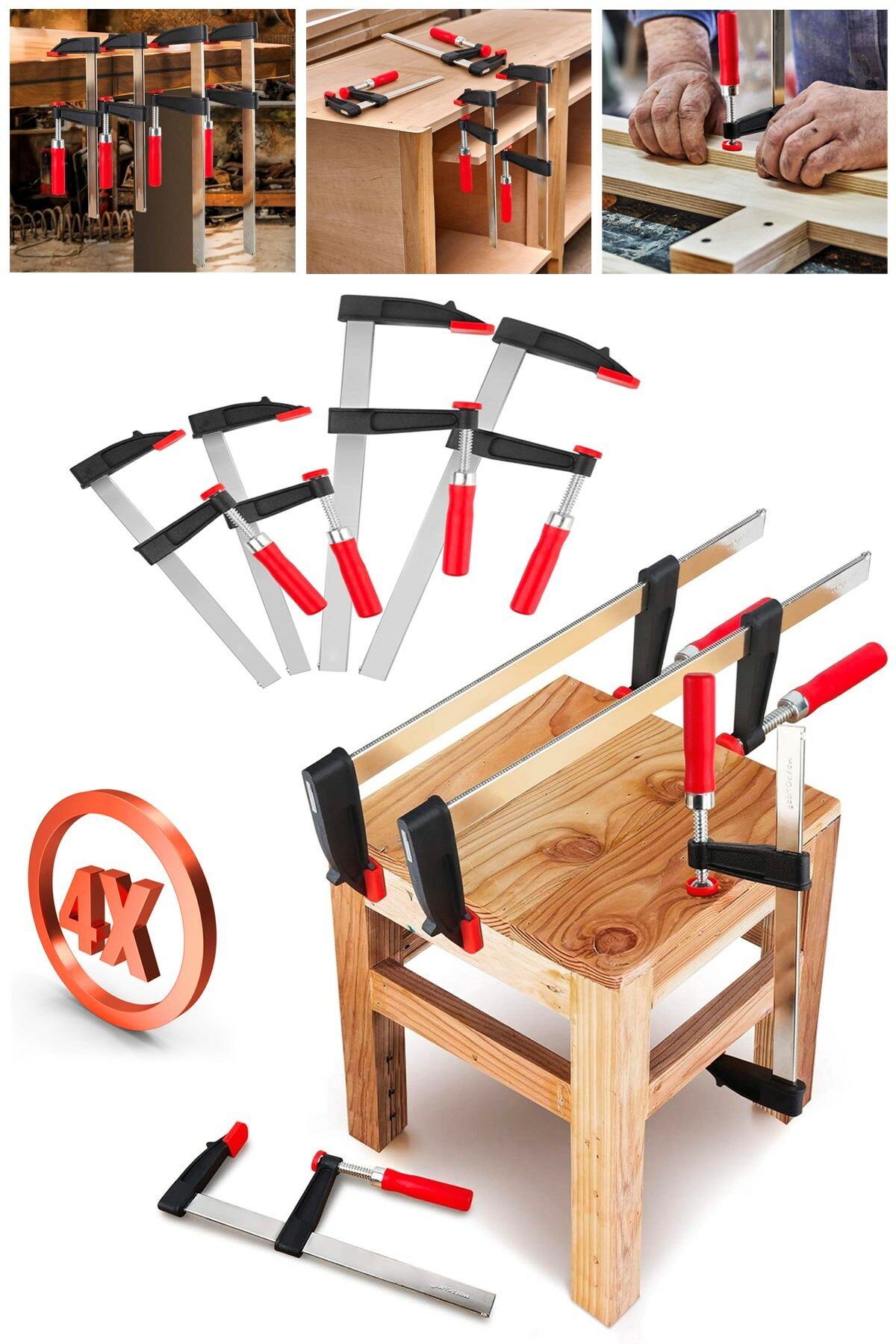 GermanyStyle  Çok Tercih Edilen Ölçüler 4 Parça Premium Kalite 350,300,250,200mm F Tipi Ahşap Çelik