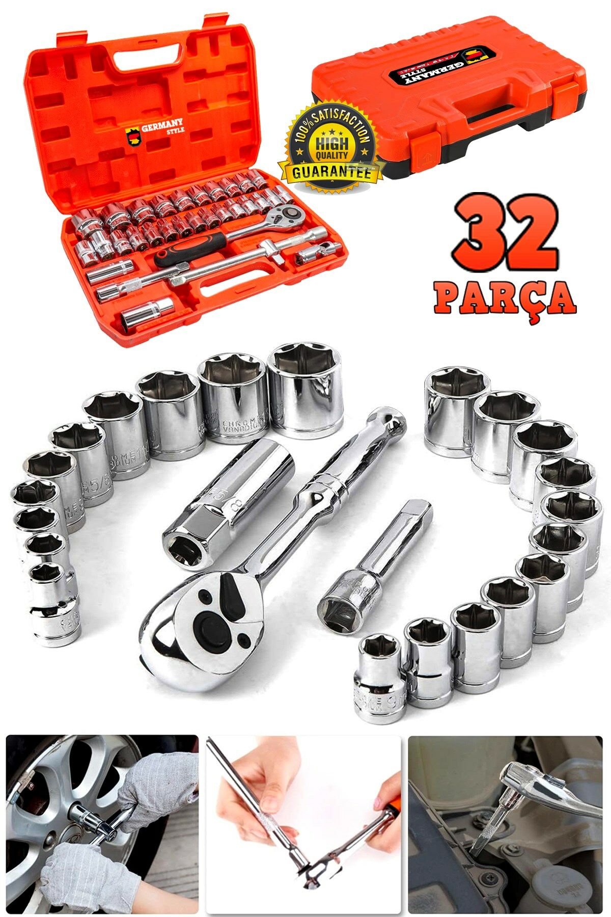 Germany Style Profesyonel Büyük Boy Parlak 32 Parça Cırcırlı Lokma Takımı 1/2 Cr-v Çeliği