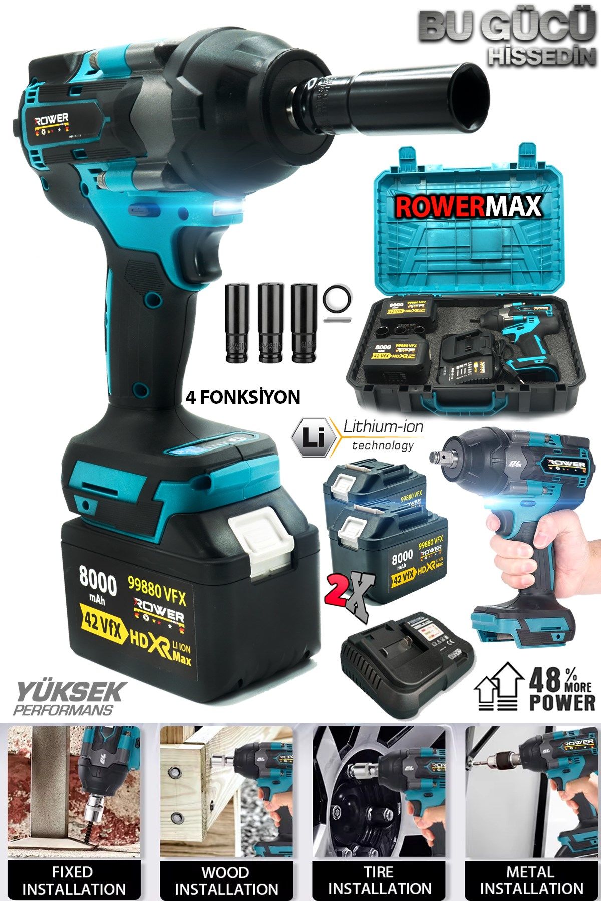 ROWEMAX  99880VFX  8000 mAH En Güçlü Somun Sökme Makinası Yüksek Tork Akülü Somun Bijon Sökme Takma