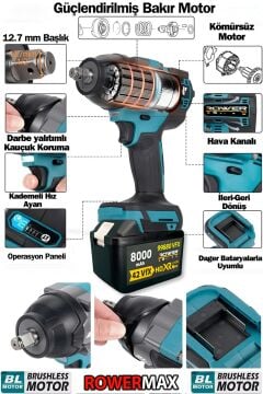 ROWEMAX  99880VFX  8000 mAH En Güçlü Somun Sökme Makinası Yüksek Tork Akülü Somun Bijon Sökme Takma