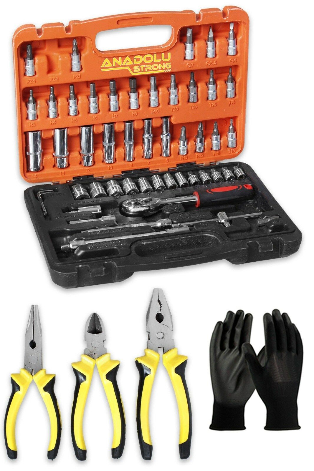 1/4 Cırcırlı 53 Parça Lokma Anahtar Takımı Bits Uç Seti Yan Keski+Pense+Kargaburnu 180mm Tam Set