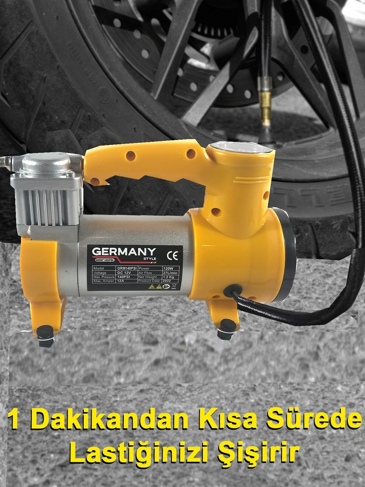 Germany Style 12 V Araba Oto Araç Lastik Şişirme Pompası 150 Psi Metal Gövde Kompresör
