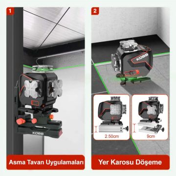 KOBB KBL36GTP Profesyonel Li-ion Şarjlı 4X360⁰ LCD Ekran Otomatik Hizalamalı Yeşil Çapraz Çizgi Lazer Distomat + Uzaktan Kumanda + Tripod + Taşıma Çantası