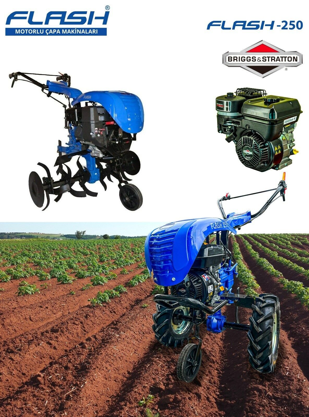 Flash 250 Briggs Stratton Amerikan Motorlu Benzinli Çapa Makinası Şanzımanlı 7 Hp 2+1 Vites