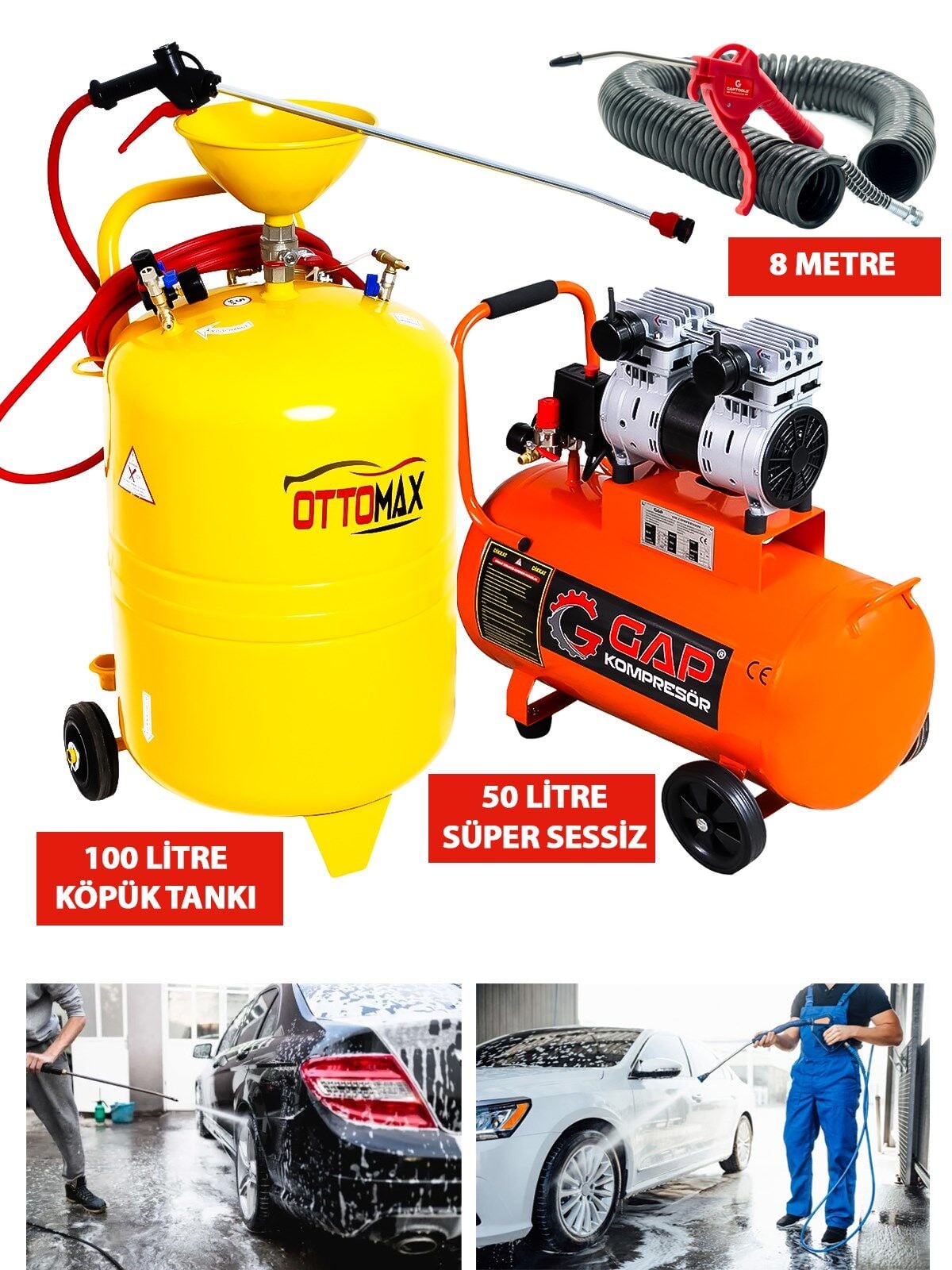 OttomaxPro Oto Yıkamacılara ve Galericilere Özel Set 100 Litre Köpük Tankı 50 Litre Sessiz Kompresör
