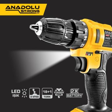 Anadolu Strong ANS1081  24 W Çift Akülü Li-ion Bataryalı Yüksek Torklu  Aksesuarlı Vidalama  Matkap