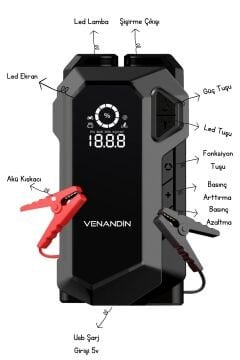 Venandin AirgonPro Kablosuz Akü Takviye & LED'Li Hava Kompresör Cihazı