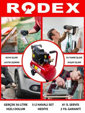 Rodex 50 Litre Hava Kompresörü 5 Parça Havalı Setli Yağlı Sistem 8 Bar Basınç Ayarlı Germany Style