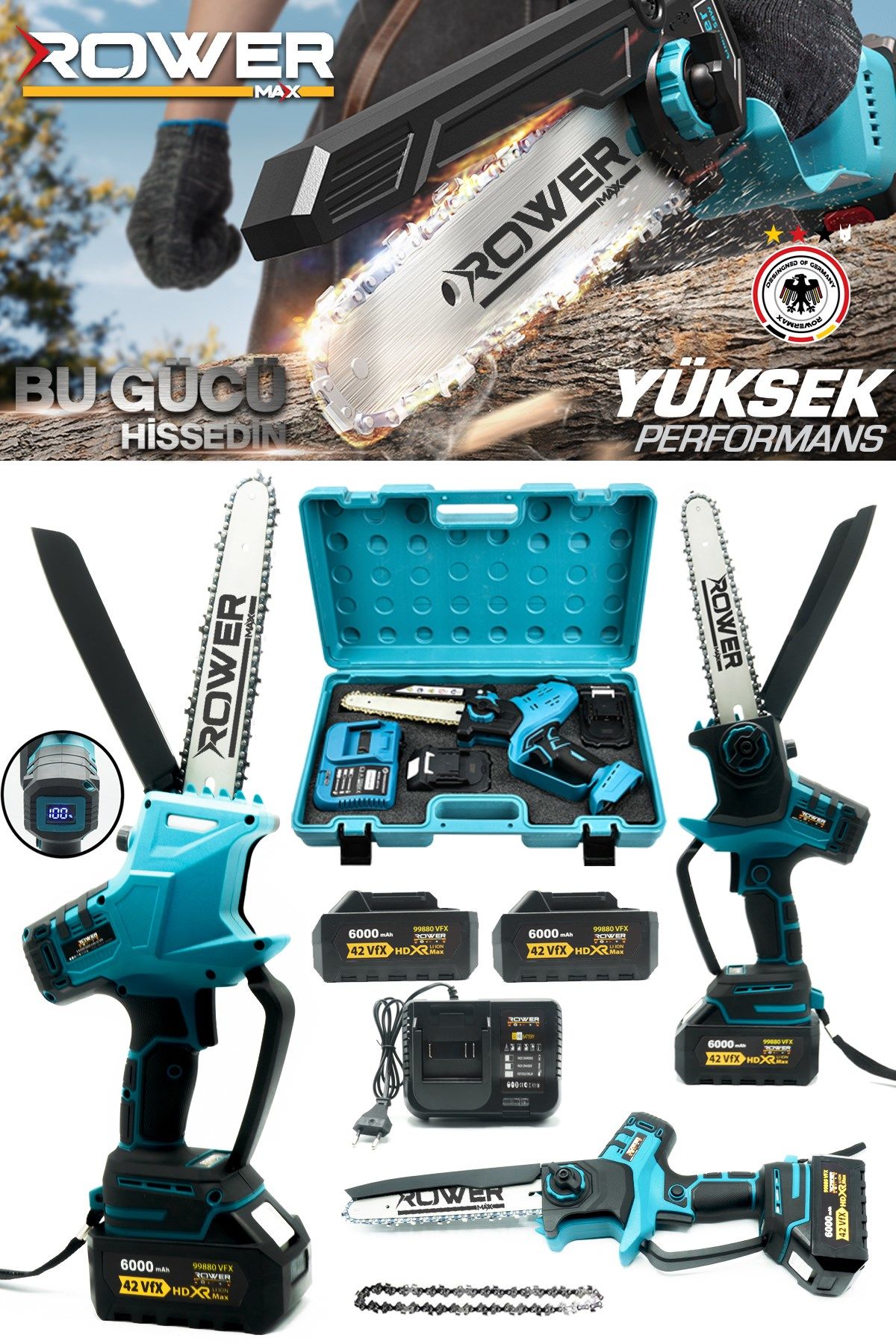 Rowermax Alman 99880VFX 6000 mAH Dijital Gösterge Otomatik Yağlamalı  Şarjlı El Testeresi