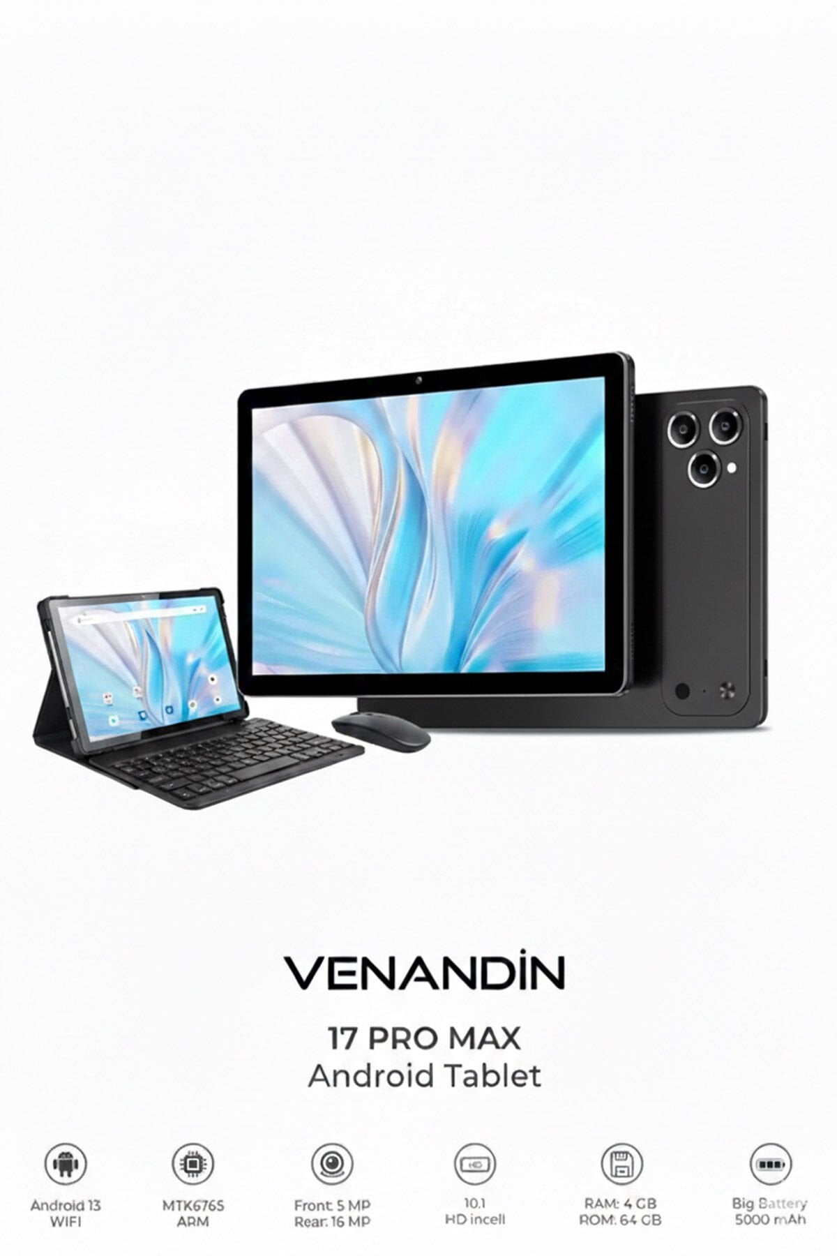 Venandin 17 Pro Max 10.1 İnç Tablet 4GB RAM 64GB Android 13 Siyah