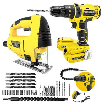 Anadolu Strong Set1 24 W Çift Akülü Aksesuarlı Darbeli Matkap ve Lazerli 650w Dekupaj  Seti