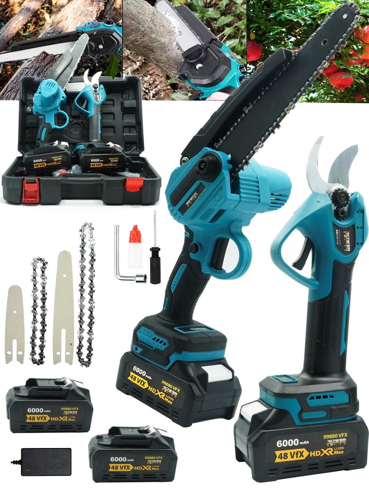 Rowermax Alman GS-256VFX Çift Akülü Premium Çift Pala Zincir Şarjlı Ağaç Dal Kesme Budama Makası 2'li Set