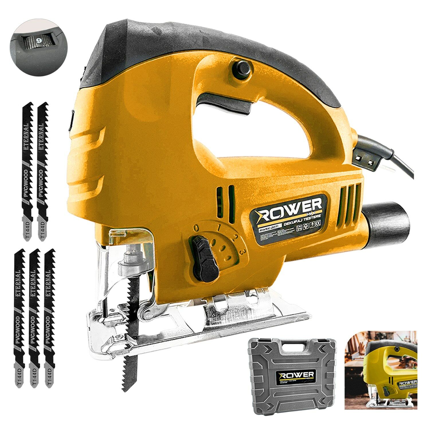 Rowermax RWRX-2071S Lazerli Pandüllü Açı Ayarlı Kademeli Dekupaj Testere 650W 5 Bıçak Hediyeli