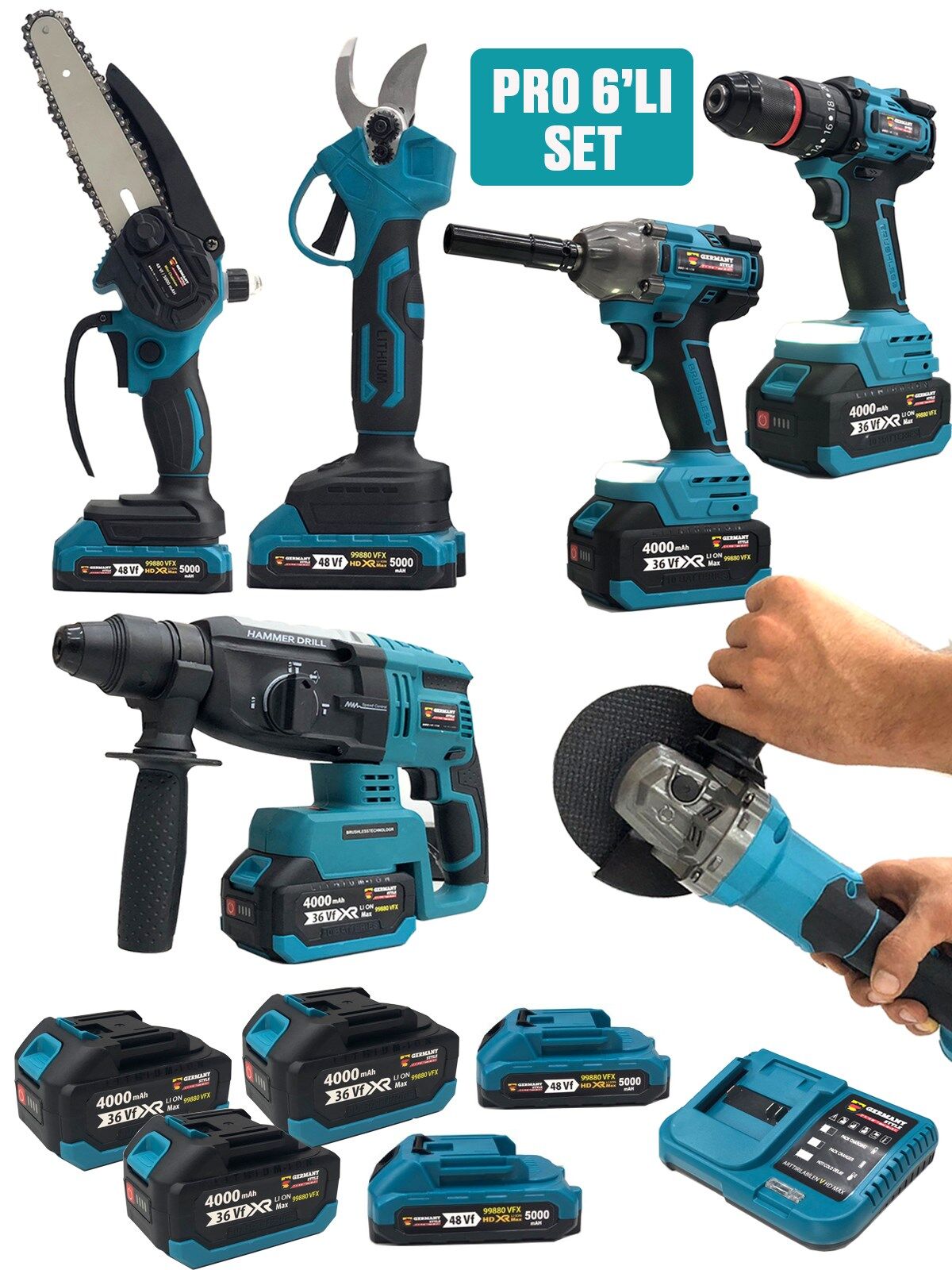 Germany Style PR0-8012 Kömürsüz Şarjlı  6'lı Set Kırıcı Delici Hilti-Taşlama-Matkao-Budama Makası Testeresi-Bijon Sökme Akülü Set