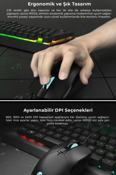 LECOO RGB Optik USB Oyuncu Mouse  2400 DPI 4 Tuşlu