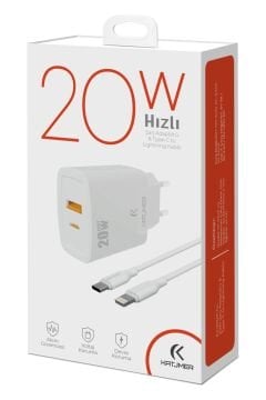 Katjmer USB PD 20W Şarj Adaptörü + Type-C to Lightning Kablo KJ-20UP
