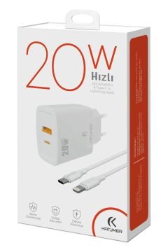 Katjmer USB PD 20W Şarj Adaptörü + Type-C to Lightning Kablo KJ-20UP