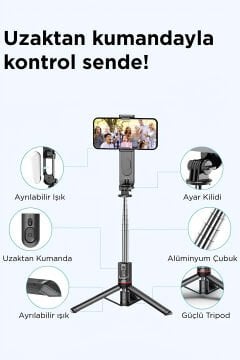 Torima L15 Siyah LED Işıklı Selfie Çubuğu – Kablosuz Tripod & Monopod