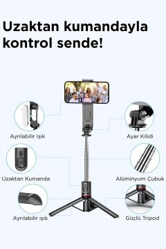 Torima L15 Siyah LED Işıklı Selfie Çubuğu – Kablosuz Tripod & Monopod