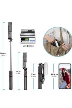 Torima L15 Siyah LED Işıklı Selfie Çubuğu – Kablosuz Tripod & Monopod