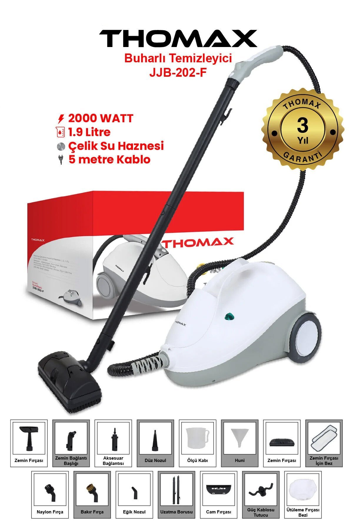 Thomax 2000 W & 19 L Kapasiteli Profesyonel Çok Fonksiyonlu Buharlı Temizleyici