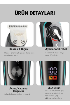 VGR LCD Ekranlı Şarjlı Profesyonel Saç & Sakal Kesme Makinesİ V-075