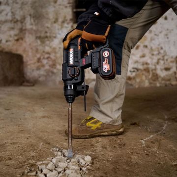 WORX WX381 20Volt 4.0Ah. 2J Li-ion Tek Akülü Şarjlı Profesyonel SDS-Plus Pnömatik Kırıcı/Delici + 3 Parça Delme Ucu