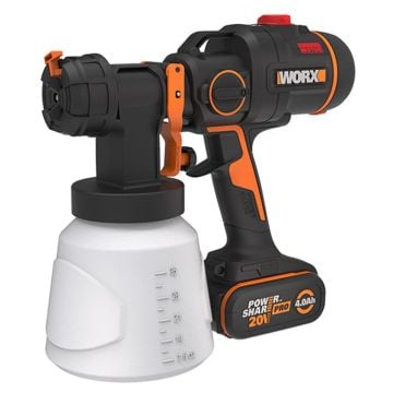 WORX WX020 20Volt 4.0Ah. Li-ion Tek Akülü Şarjlı Kömürsüz Devir Ayarlı Boya Tabancası + 4 Parça Yedek Nozul/Meme