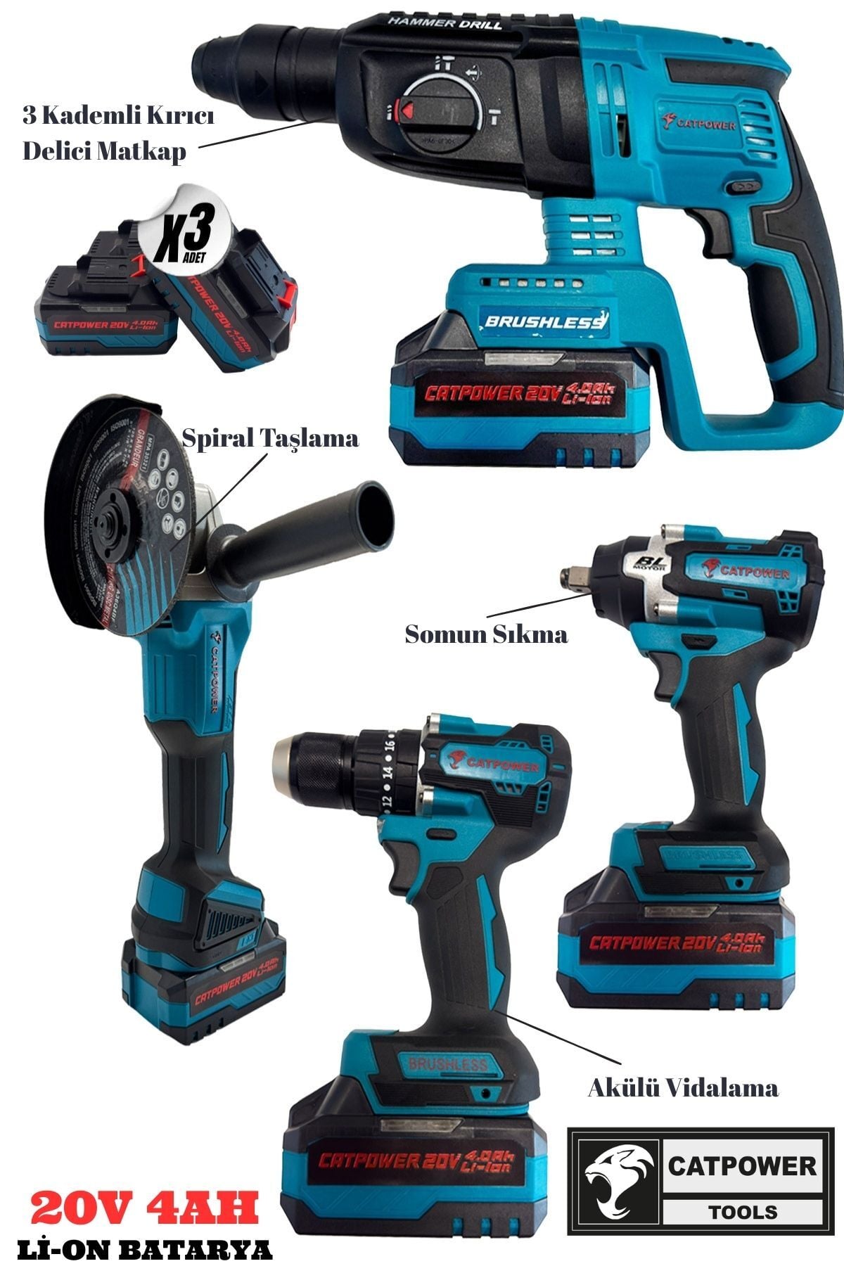 Catpower Kömürsüz 20V 4.0Ah Akülü 4’lü Set - Kırıcı Delici&Taşlama&Darbeli Vidalama&Spiral