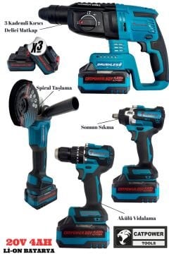 Catpower Kömürsüz 20V 4.0Ah Akülü 4’lü Set - Kırıcı Delici&Taşlama&Darbeli Vidalama&Spiral