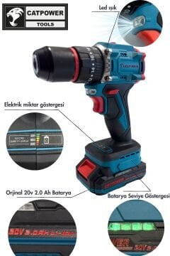 Catpower Kömürsüz Darbeli Akülü Vidalama 13mm 20V 2.0Ah Çift Akülü Profesyonel Matkap