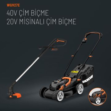 WORX WG927E 40Volt 2.0Ah. Li-ion 34cm Profesyonel Şarjlı Çim Biçme + WG157E.9 20Volt 25cm Misinalı Çim ve Kenar Kesme