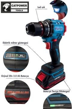 Catpower Kömürsüz Akülü Vidalama 10mm 20V 2.0Ah Çift Akülü Profesyonel Matkap