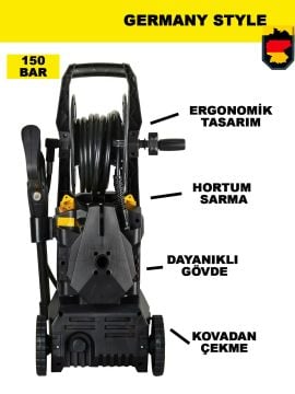 Germany Style GRM150 Max 150 Bar Bakır Sargılı Musluk ve Kovadan Çekme Yüksek Basınçlı Bahçe Oto Yıkama Makinesi