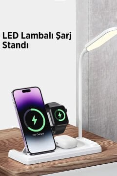 BİX Lambalı Üçlü Kablosuz Şarj Standı 15W Telefon Saat Kulaklık Şarj İstasyonu