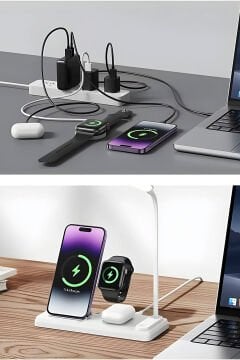 BİX Lambalı Üçlü Kablosuz Şarj Standı 15W Telefon Saat Kulaklık Şarj İstasyonu